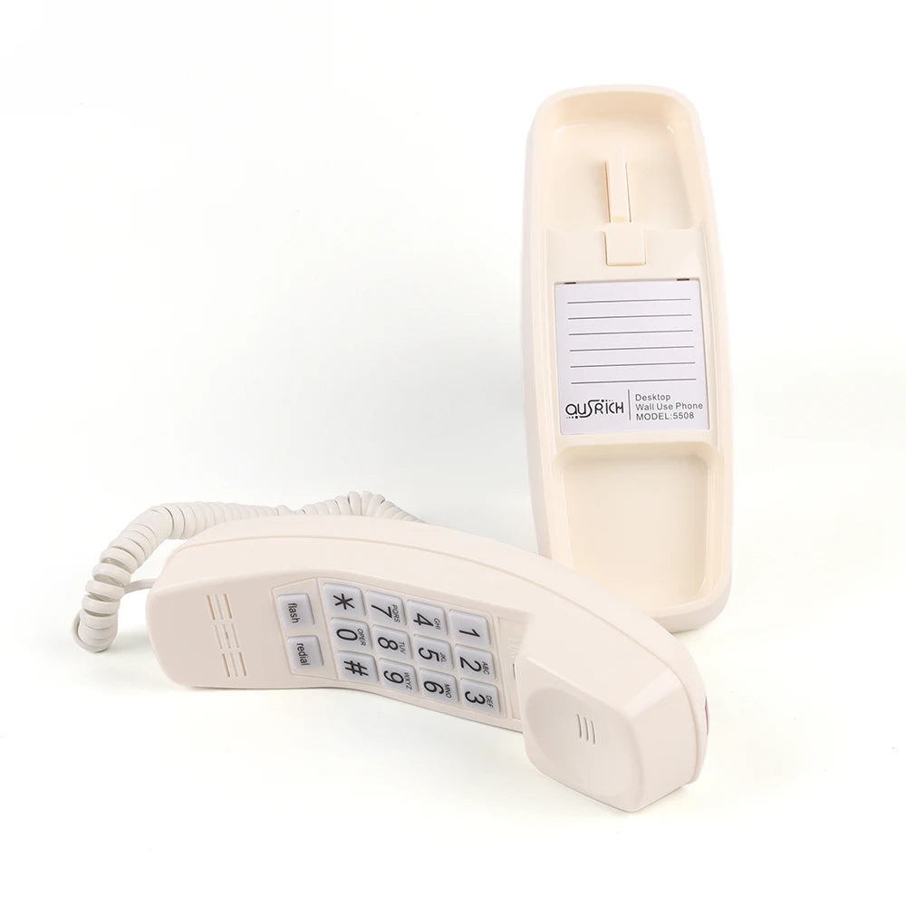 White kawaii retro corded phone mounted on wall with cute vintage style