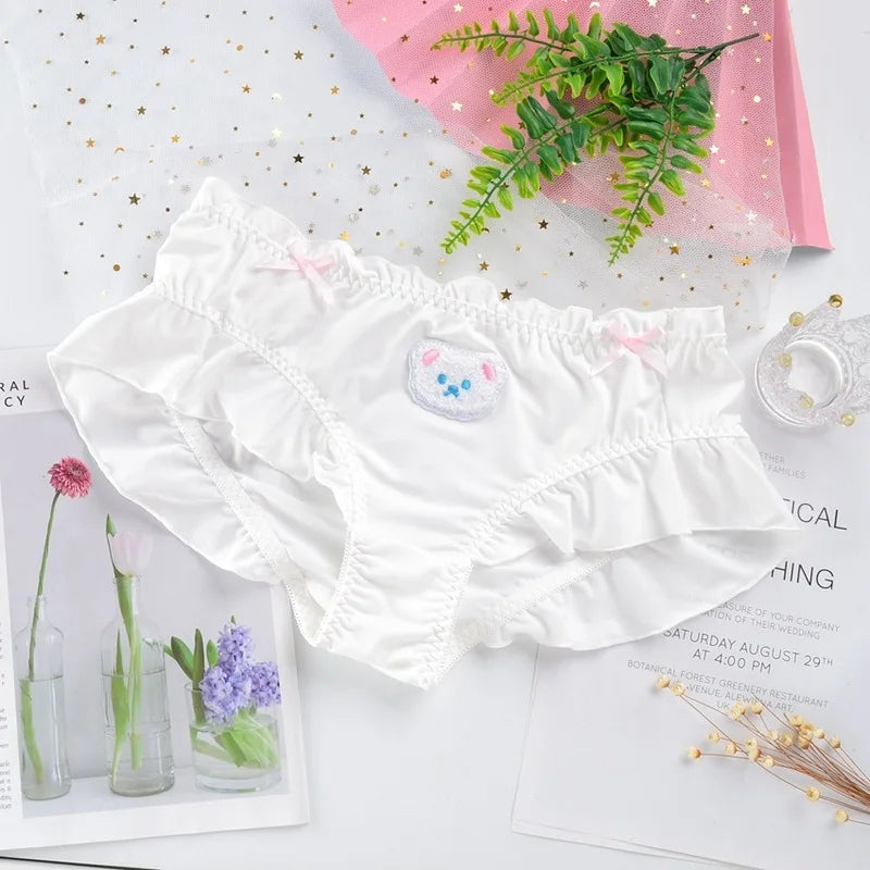 White teddy ruffle panties with breathable fabric and adorable teddy bear print for cozy lounging