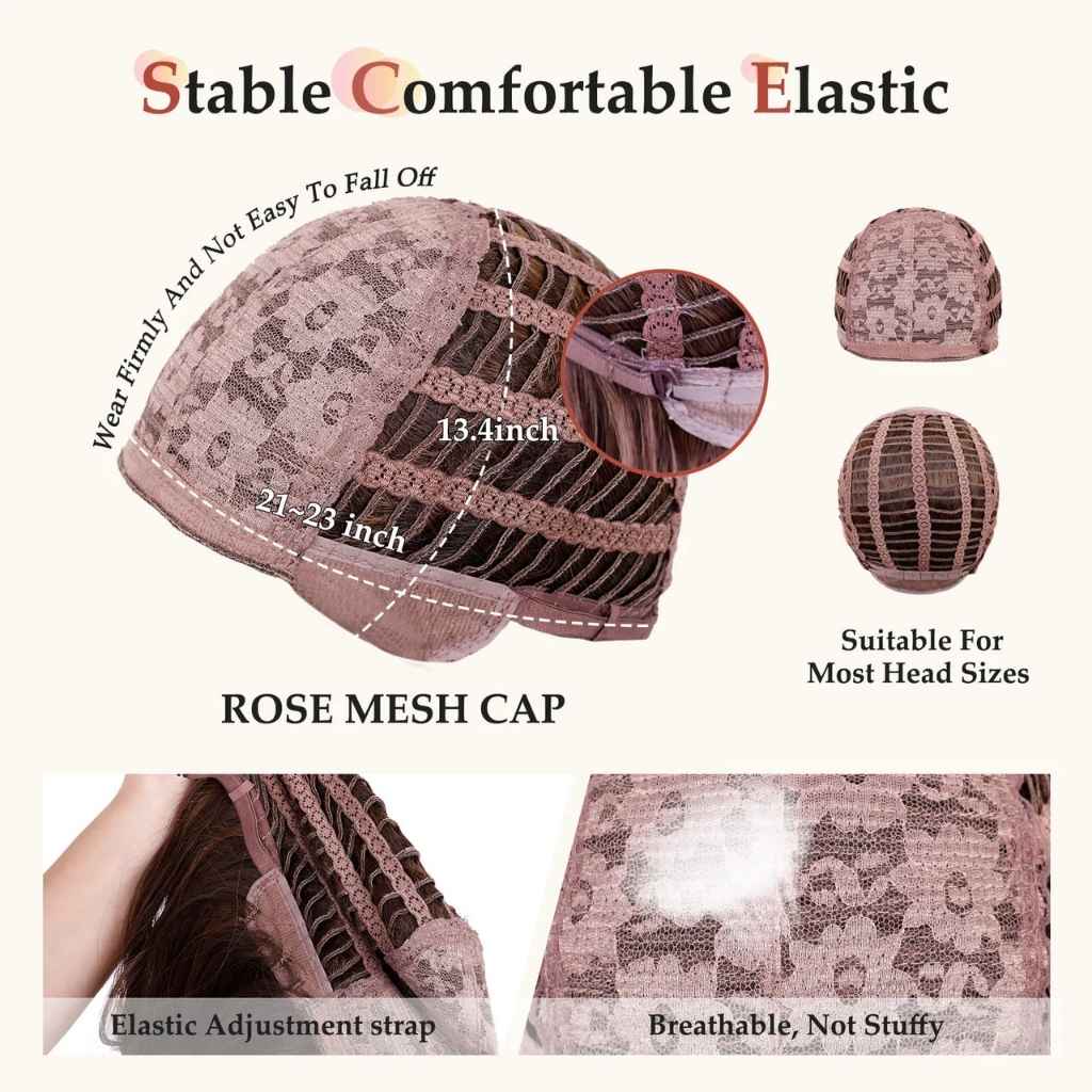 Size chart and material details for Little Romantic Wavy Bob Wig in red, pink, and blonde