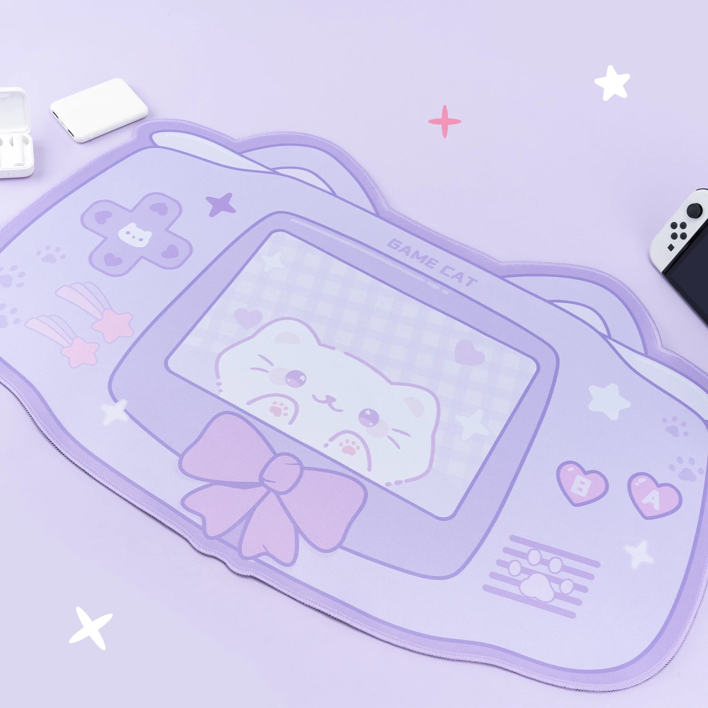 Extra large pastel purple kawaii mousepad with soft fabric surface and rubber non-slip base for comfortable desk use