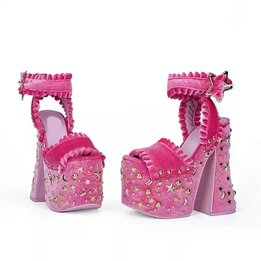 Y2K cosmic platform heels with glossy finish, star buckles, and celestial moon details for aesthetic flex
