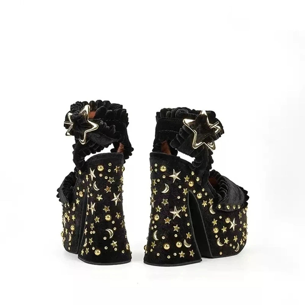 Y2K Galactic platform heels with moon, star, and planet details for cutecore, baddie, and trendy Instagram looks