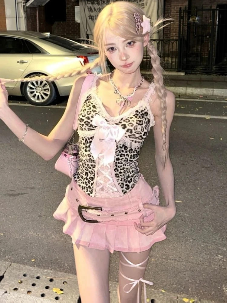 Y2K leopard cami and skirt set perfect for ddlg, abdl, and baddie aesthetic