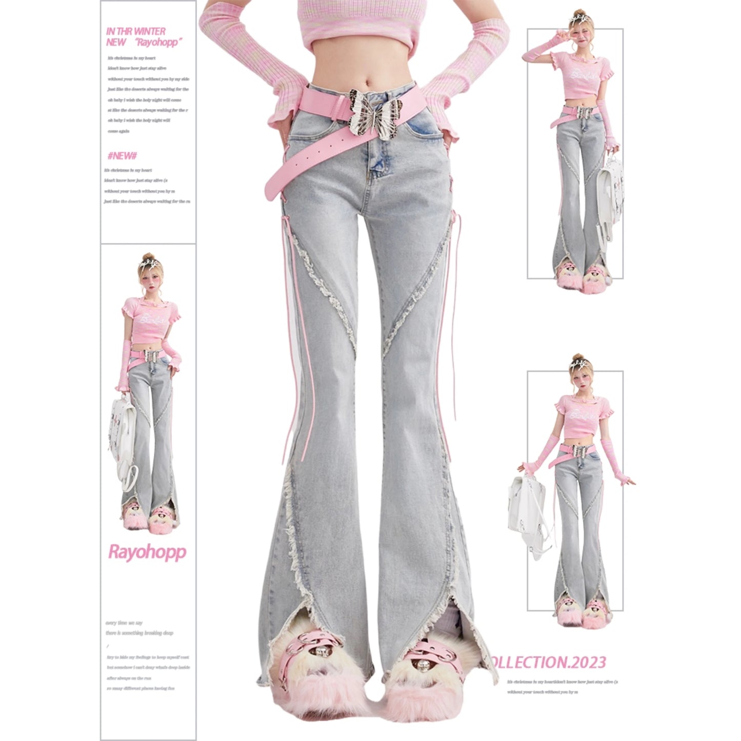 Y2K pastel Candyfloss ribbon denim jeans, cutecore and ABDL soft aesthetic