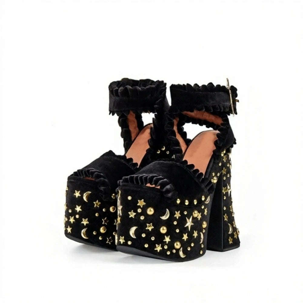 Y2K space-age platform heels with star buckles, moon accents, and glossy finish for aesthetic photos and flex