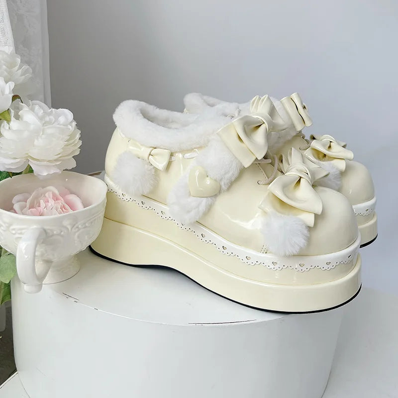 Bright yellow Pom Pom Angel Baby Platform Shoes featuring plush trim and stylish platform heels for babycore vibes