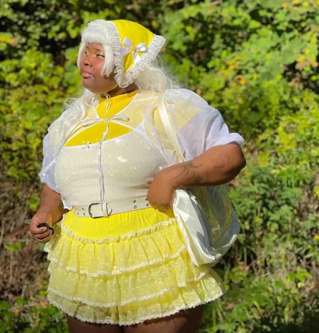 Yellow Princess Puff Ruffle Mini Skirt styled on model for fairycore fashion