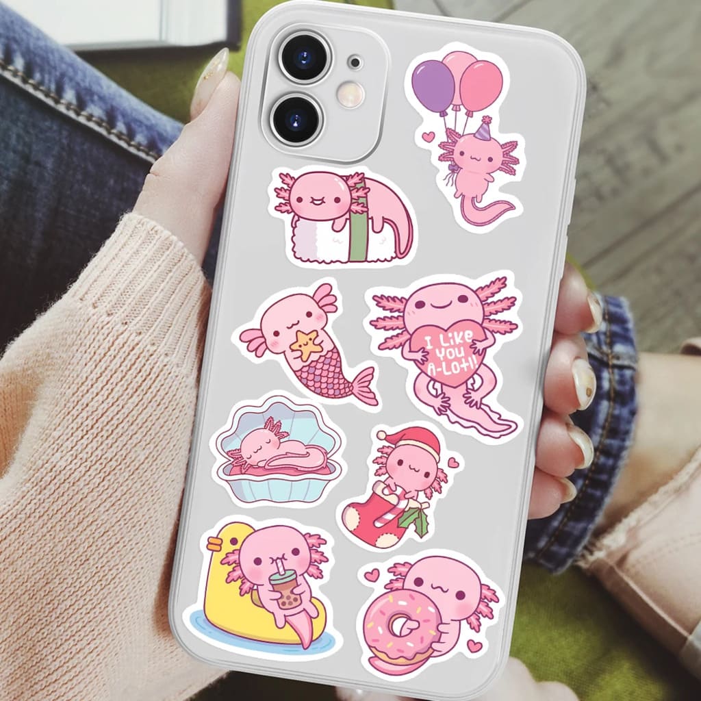 50-pack of durable, kawaii axolotl stickers for decorating your favorite surfaces with sweet and playful character art.