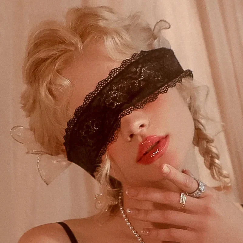 Kawaii Black Lace Blindfold, lightweight cutecore accessory for flirty playful fun