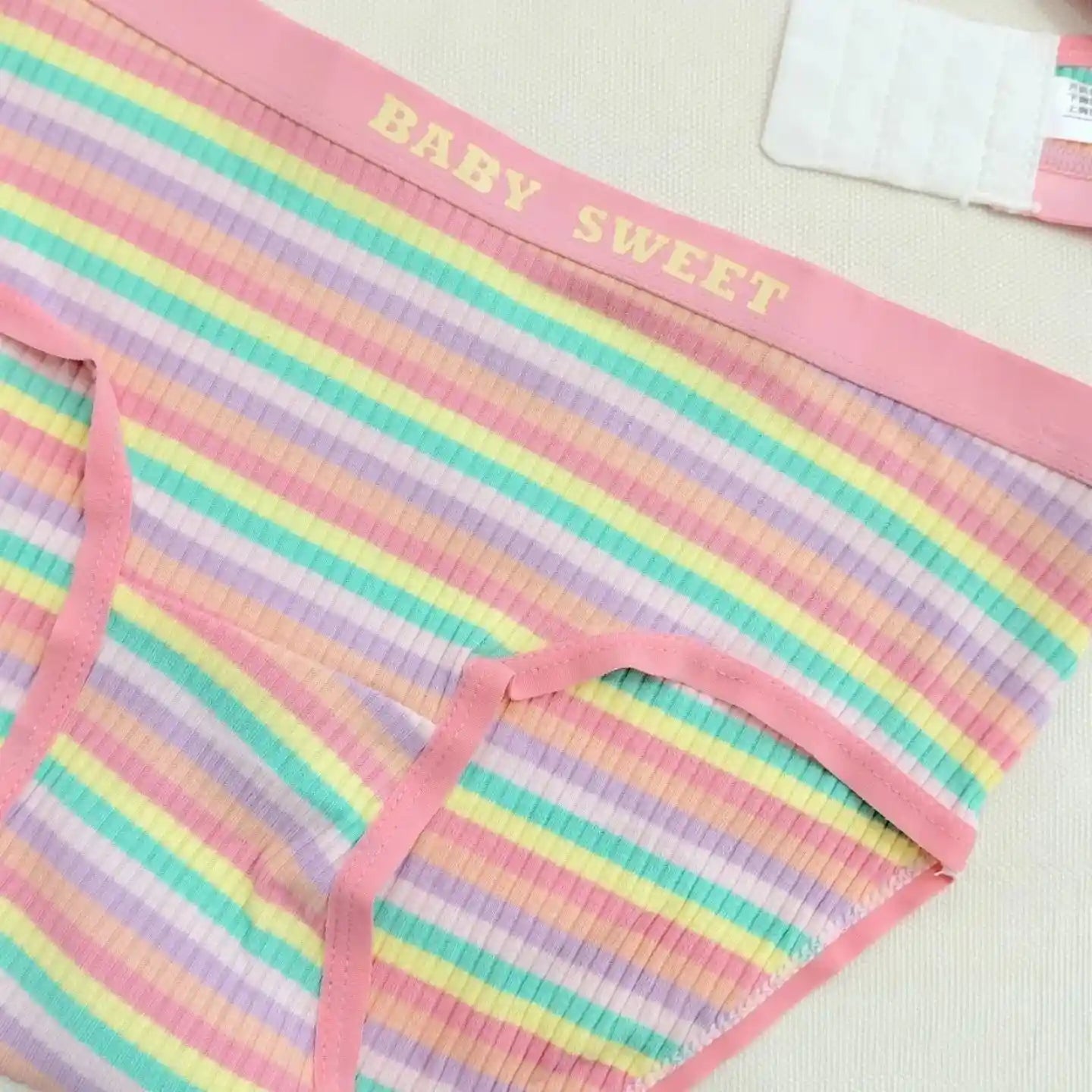 ABDL DDLG candy color lingerie set with pastel rainbow design and playful baby sweet aesthetic