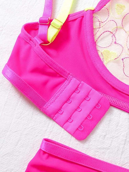 ABDL and DDLG neon kawaii lingerie with pink and green heart mesh bra, thong, and garters.
