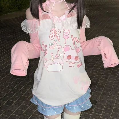 ABDL kawaii kitty tee with soft furry trim and cute ribbon lace tie