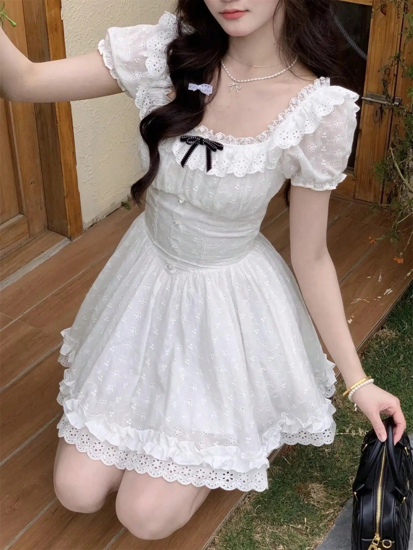 ABDL kawaii white mini dress with frills and ribbon, lolita fashion perfect for roleplay and cute moments
