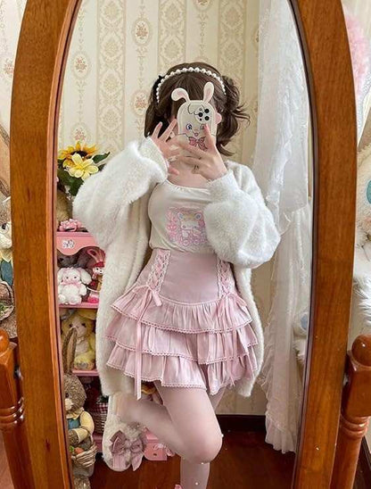 ABDL Lolita frilly corset skirt in pastel colors with ribbon accents for kawaii soft girl outfits