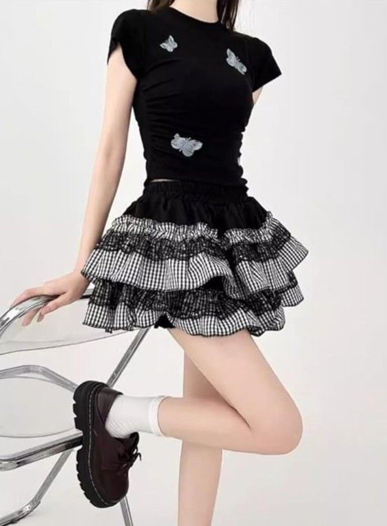 ABDL-inspired plaid prairie skirt with flowy ruffle hem and flattering waist fit