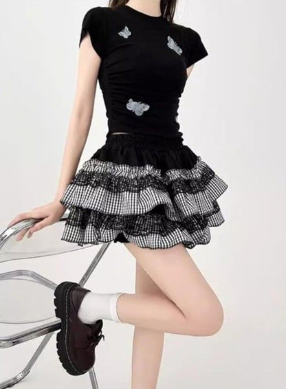 ABDL-inspired plaid prairie skirt with flowy ruffle hem and flattering waist fit