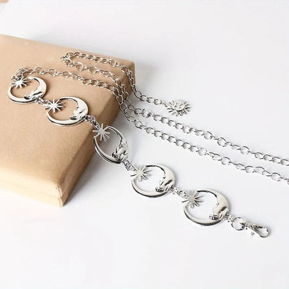 Adjustable Astro Girl belt chain with cosmic star, moon, and sun charms in durable metal alloy, ideal for kawaii and magical fashion.