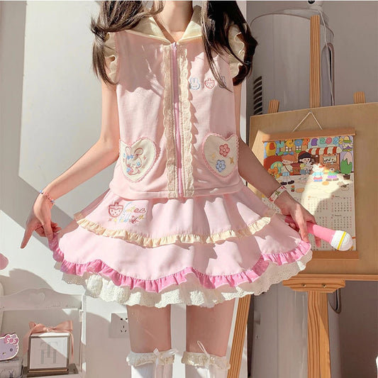 Sleeveless vest with bunny-face hood and floppy ears in pastel tones for kawaii style