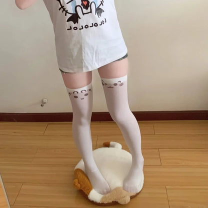 Playful kawaii leg candy stockings featuring blushing cheeks and shy expressions, perfect for cutecore style.
