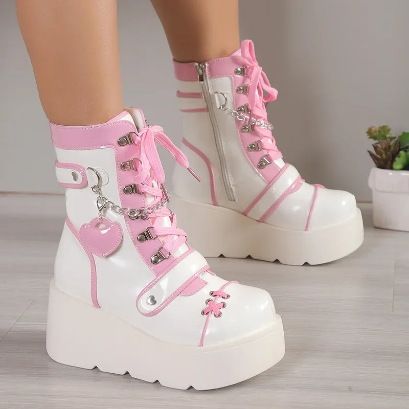 Alternative fashion Heavy Love platform boots, ABDL DDLG footwear with lace details and bold chunky sole