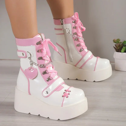 Alternative fashion Heavy Love platform boots, ABDL DDLG footwear with lace details and bold chunky sole