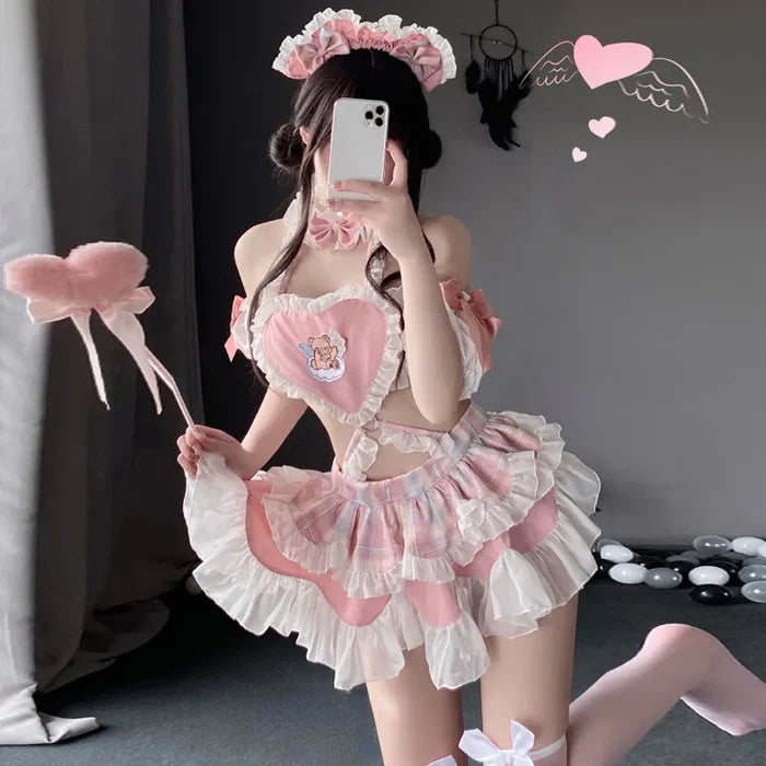 Angel teddy bear maid ruffle set with heart halter top, DDLGirl sweet lolita style