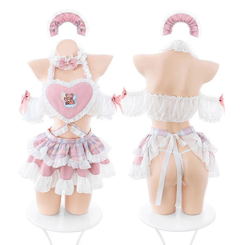 Heart shaped halter top with teddy bear detail on angel maid ruffle set