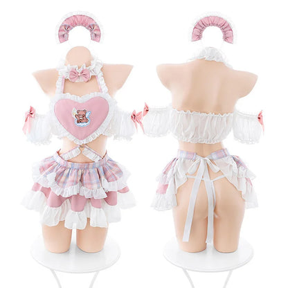 Heart shaped halter top with teddy bear detail on angel maid ruffle set