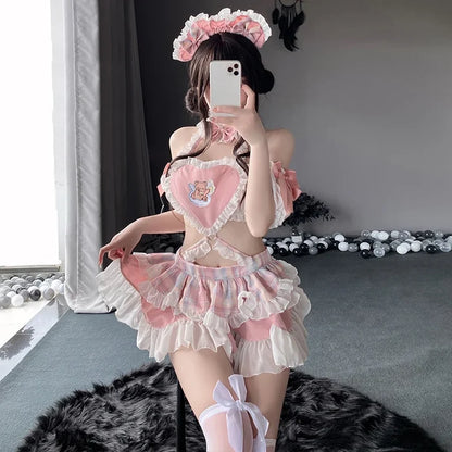 Voluminous tiered pink plaid ruffle skirt detail on angel maid set