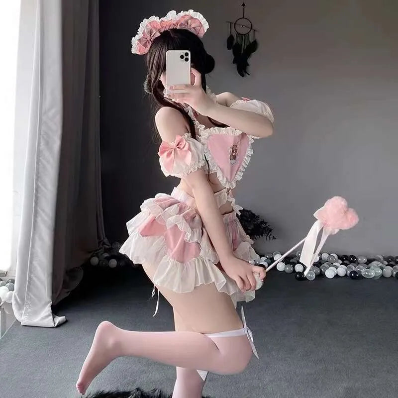 Criss cross ruffled strap cutout detail on angel teddy bear maid set waist