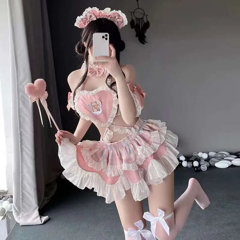 Model wearing full angel teddy bear maid ruffle set with headpiece and choker, DDLGirl style