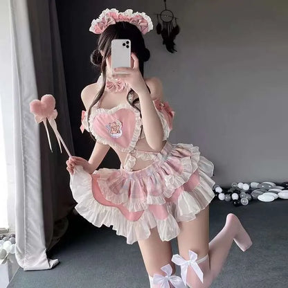Model wearing full angel teddy bear maid ruffle set with headpiece and choker, DDLGirl style