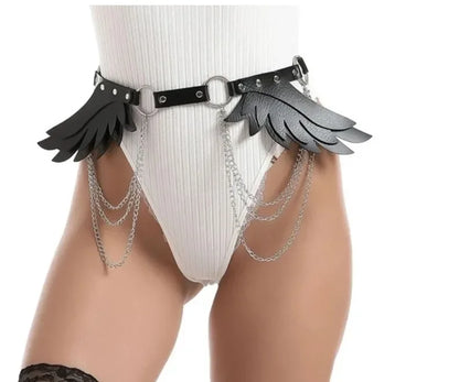 black Angel Wings Chain Belt with leather and multi-layer chains, adjustable waist wrap for edgy and bold fashion looks