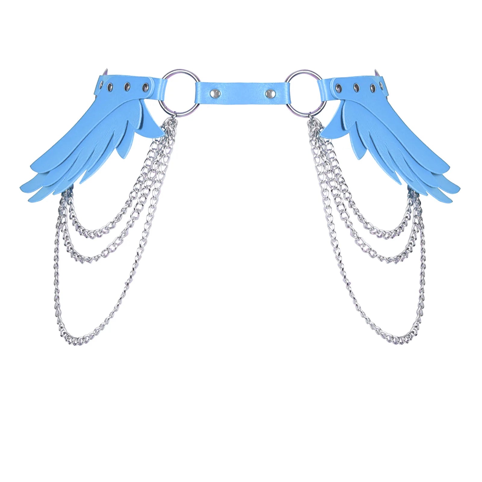blue Angel Wings Chain Belt with leather wings and layered chains, perfect for edgy, playful, or cosplay outfits