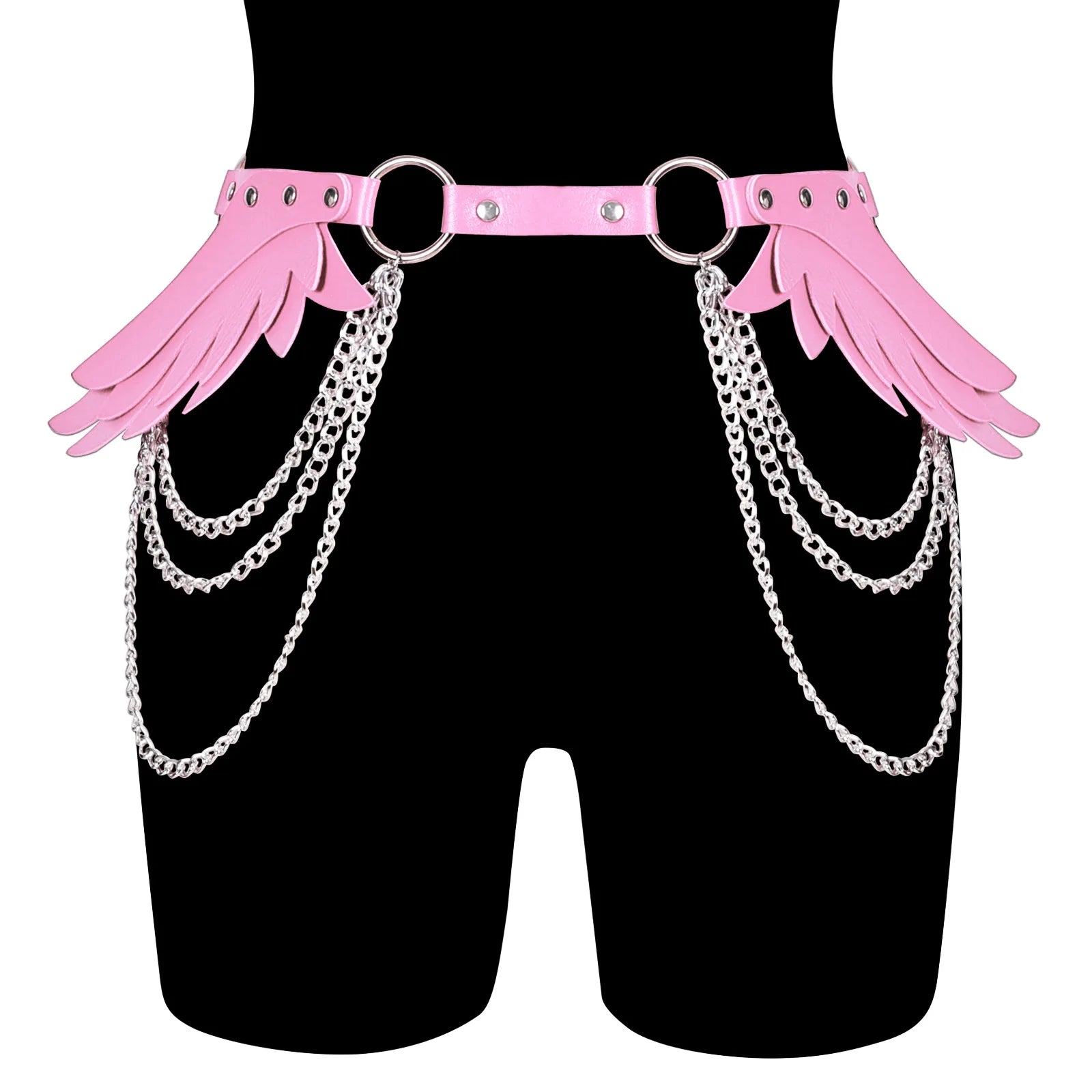 front view of Angel Wings Chain Belt with leather and multi-layer chains, adjustable waist wrap for edgy fashion looks