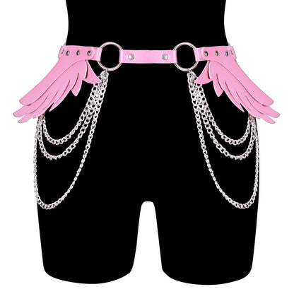 front view of Angel Wings Chain Belt with leather and multi-layer chains, adjustable waist wrap for edgy fashion looks
