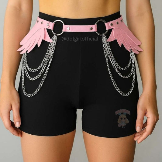 pink Angel Wings Chain Belt with leather wings and layered chains, perfect for cutecore and playful fantasy outfits