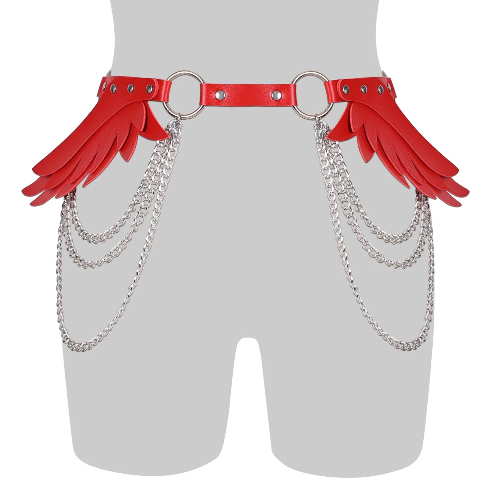 red Angel Wings Chain Belt with leather and layered chains, adjustable waist wrap for sexy and daring fashion looks