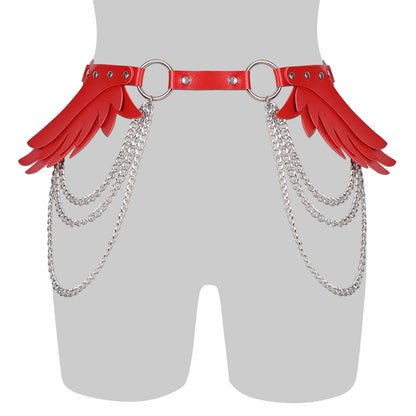 red Angel Wings Chain Belt with leather and layered chains, adjustable waist wrap for sexy and daring fashion looks