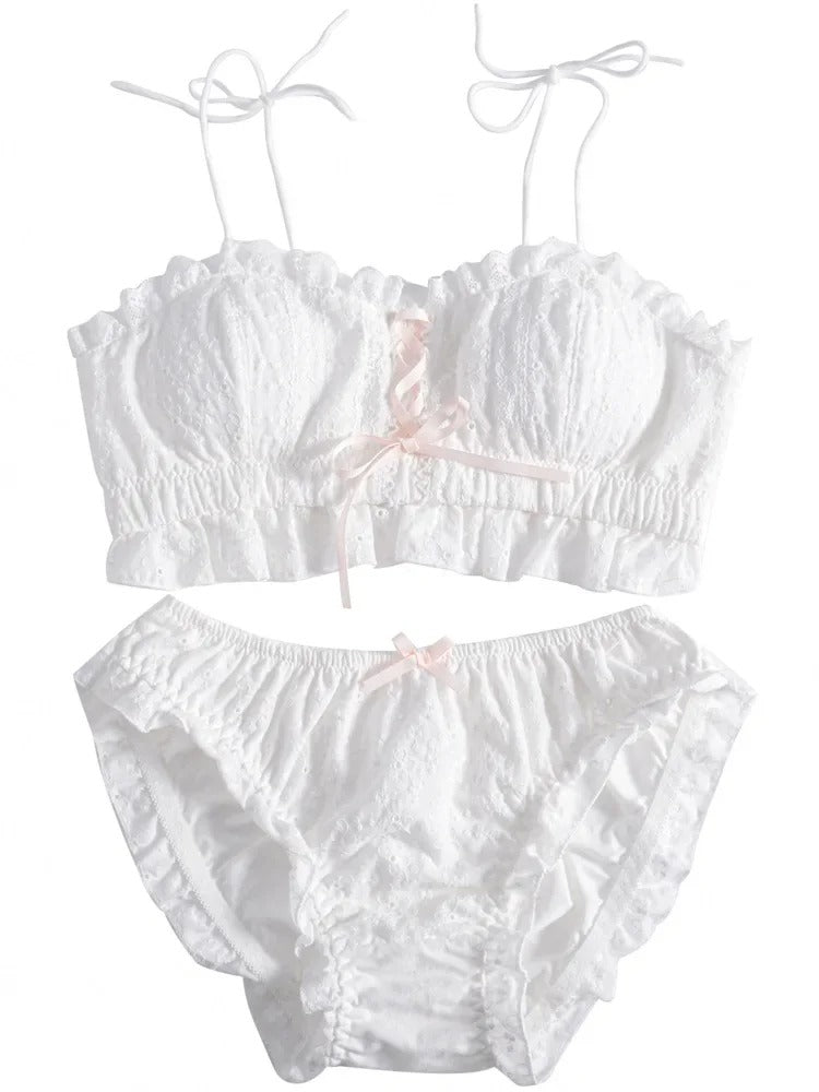 Angelic white Vanilla Doll ruffle bra and panty set, pastel soft girl lingerie with dreamy dollcore charm