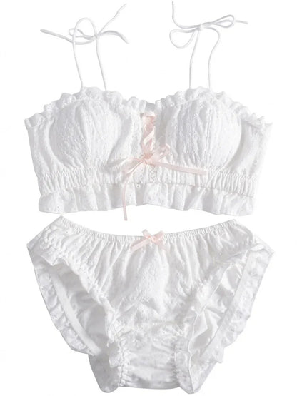 Angelic white Vanilla Doll ruffle bra and panty set, pastel soft girl lingerie with dreamy dollcore charm