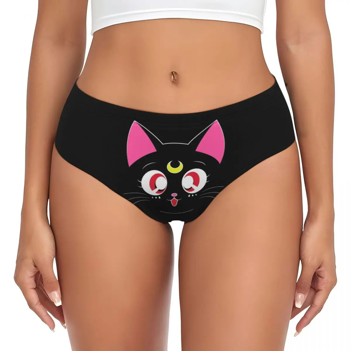 Black kitty face graphic with expressive eyes on anime neko panties