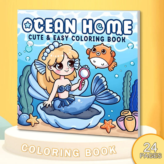 Aqua Dream Escape coloring book with ocean-themed illustrations featuring mermaids, seashell cottages, and marine life.