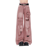 Ash Rose One-Off Y2K Denim jeans in soft pink with ripped pocket details, alt fashion style for softcore, DDLG, and ABDL baddies.