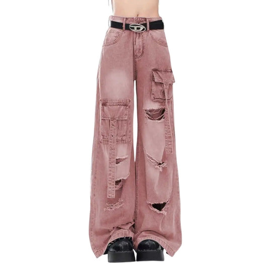 Ash Rose One-Off Y2K Denim jeans in soft pink with ripped pocket details, alt fashion style for softcore, DDLG, and ABDL baddies.