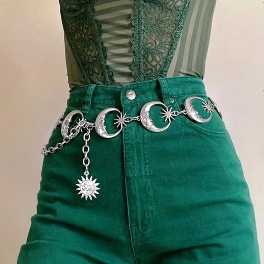 Astro Girl celestial belt chain with star, moon, and sun charms, adjustable fit, lightweight metal alloy for kawaii and cosplay looks.