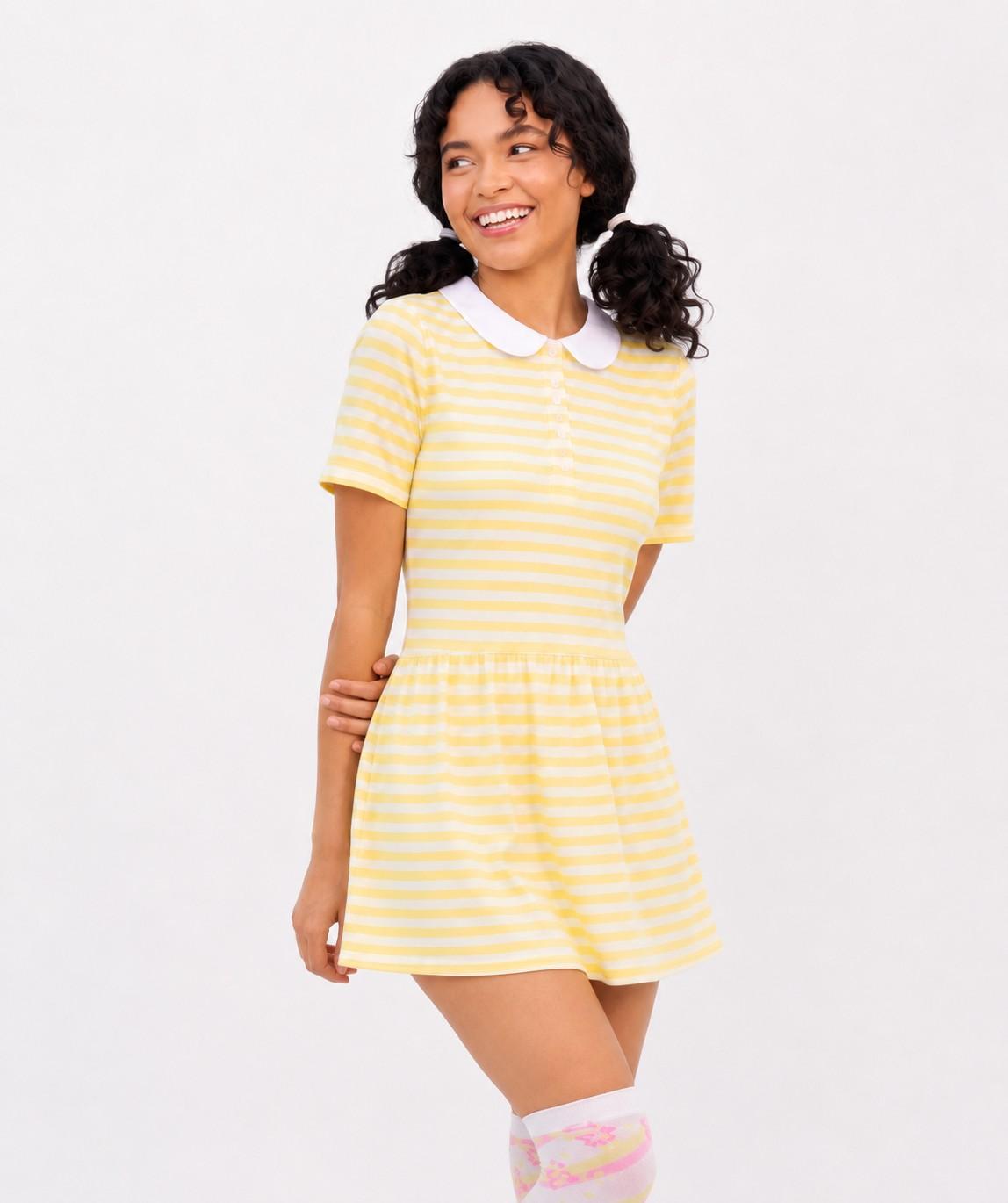 Cutecore soft girl baby bee dress in cheerful yellow stripes styled with bow and knee socks for kawaii vibes ✨