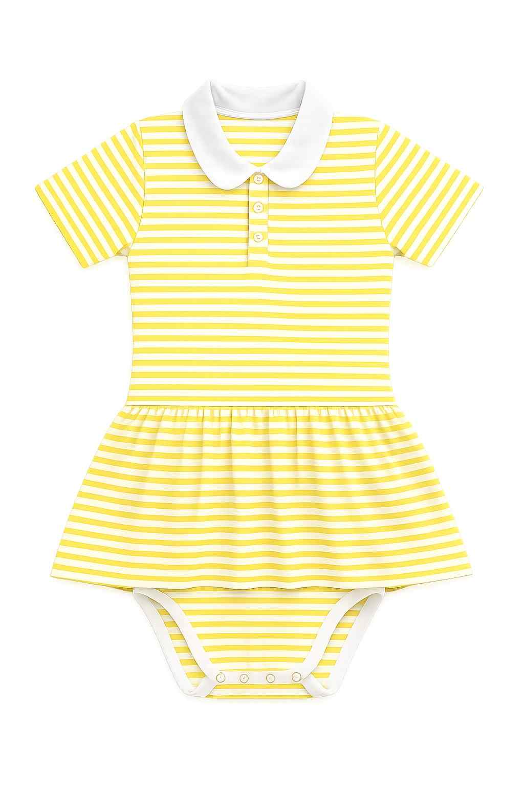 Close up of yellow and white stripe fabric texture on Baby Bee onesie dress