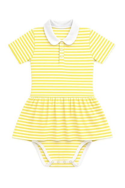 Close up of yellow and white stripe fabric texture on Baby Bee onesie dress