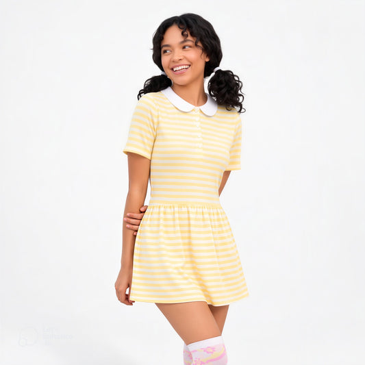 Baby Bee Onesie Dress in Honeybee Yellow with bee striped kawaii design, front view